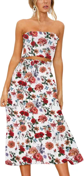 Angashion Women's Floral Crop Top Maxi Skirts Set 2 Piece Outfit Dress