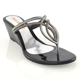 CLARISSA DIAMANTE EMBELLISHED TOE POST DAINTY FRONT STRAP WEDGE SANDALS HEELS IN BLACK