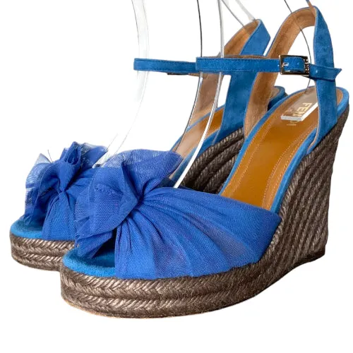 FENDI Blue Mesh Fabric & Suede Wedge Espadrille Ankle Strap Sandals, 39