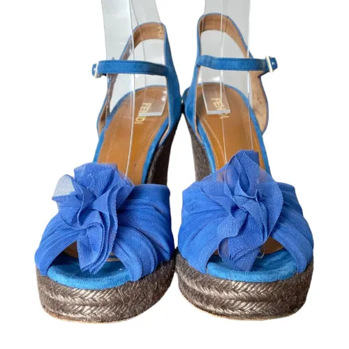 FENDI Blue Mesh Fabric & Suede Wedge Espadrille Ankle Strap Sandals, 39