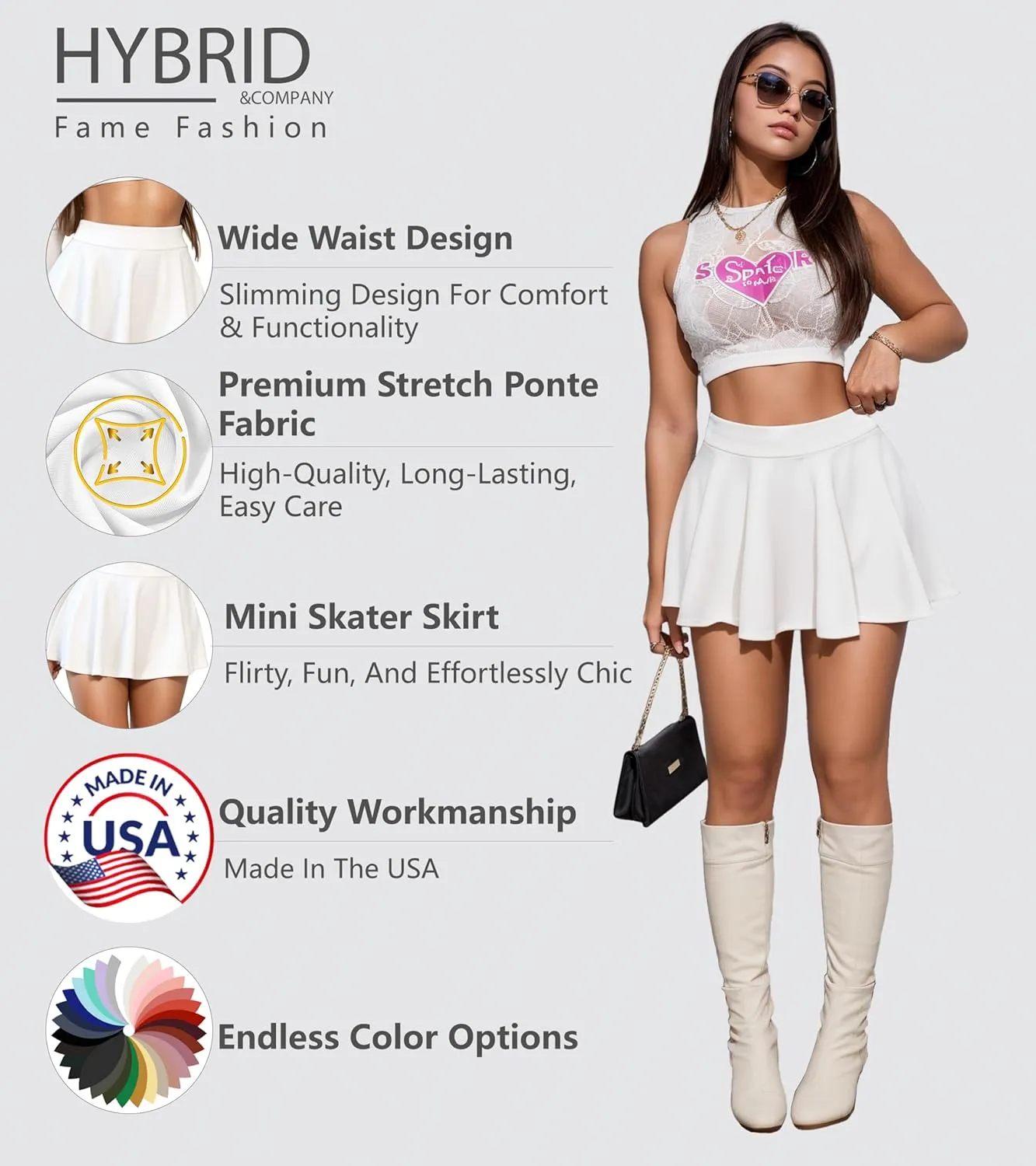 Hybrid & Company Womens Stretch Super Short Flared Casual Nylon Ponte Mini Skate Skirt