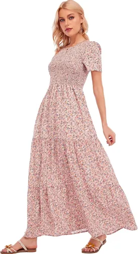 MANAIXUAN Women's Summer Casual Floral Print Party Maxi Dresses Short Sleeve A Line Long Tiered Sun Dress