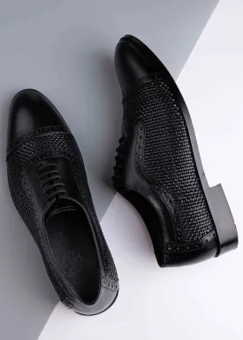Men Black Basket Weave Textured Oxford Shoes