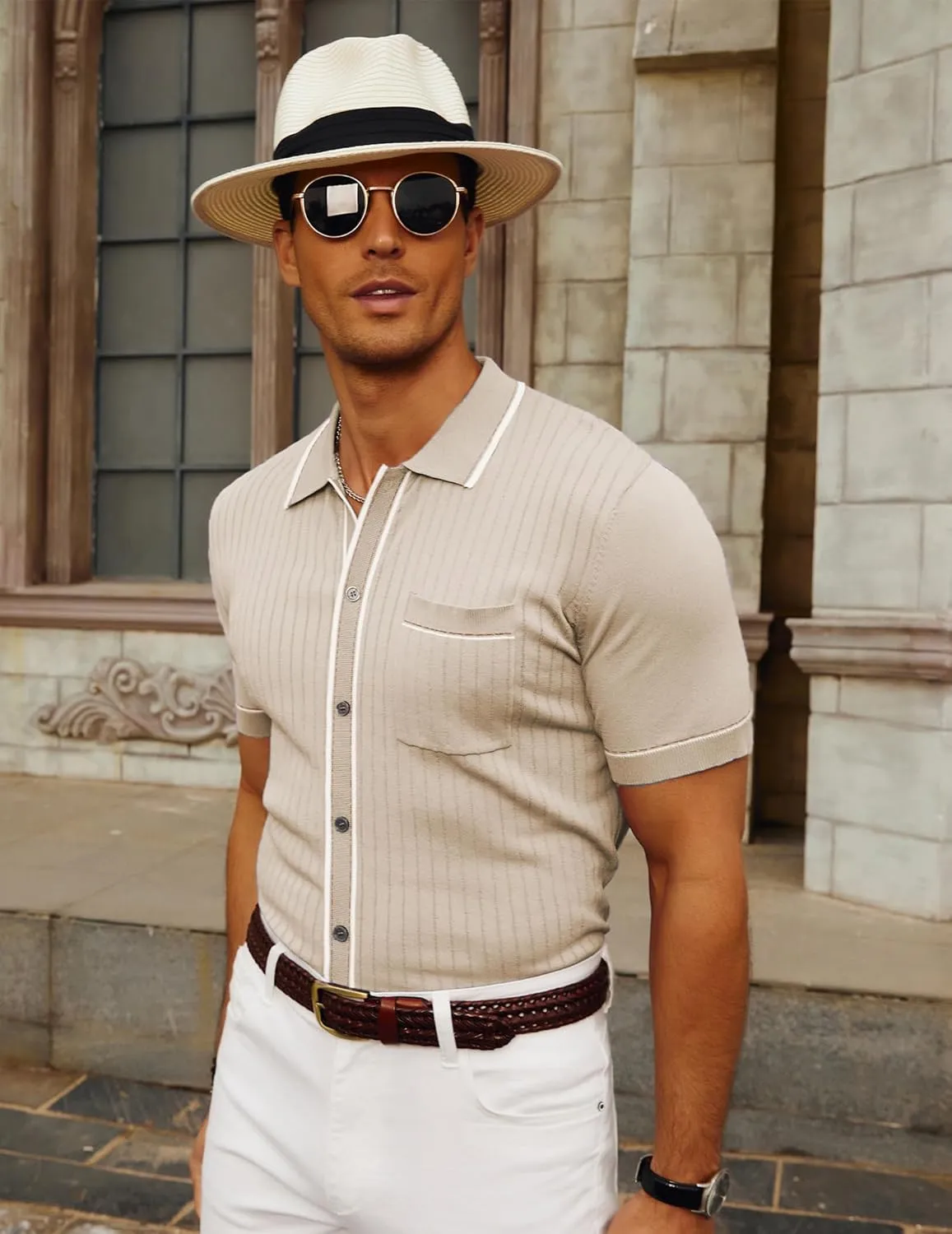 PJ PAUL JONES Mens Knit Shirts Vintage Retro Short Sleeve Button Down Vacation Polo Shirts