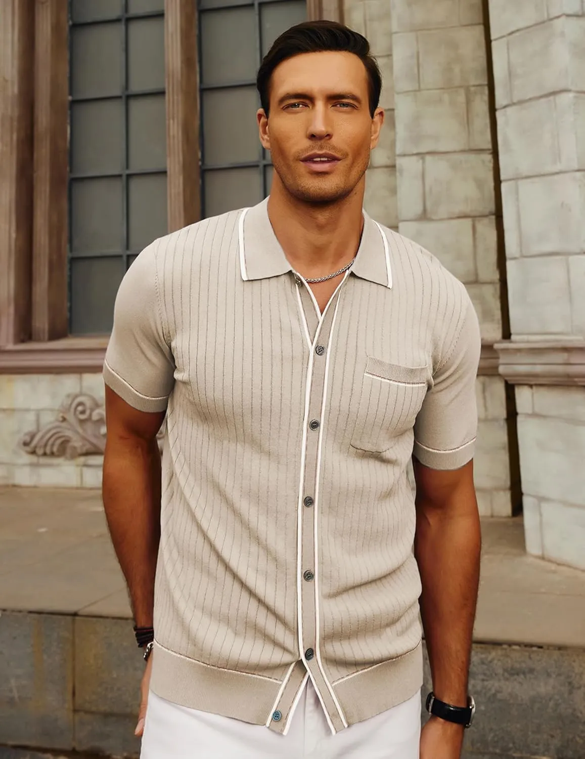 PJ PAUL JONES Mens Knit Shirts Vintage Retro Short Sleeve Button Down Vacation Polo Shirts