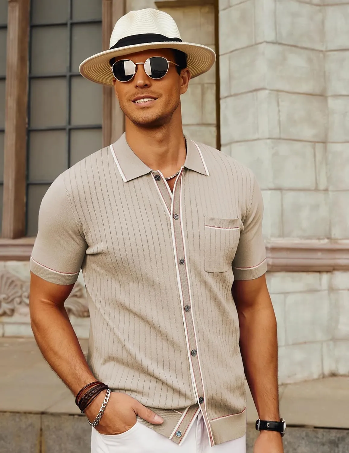 PJ PAUL JONES Mens Knit Shirts Vintage Retro Short Sleeve Button Down Vacation Polo Shirts