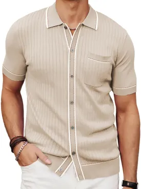PJ PAUL JONES Mens Knit Shirts Vintage Retro Short Sleeve Button Down Vacation Polo Shirts