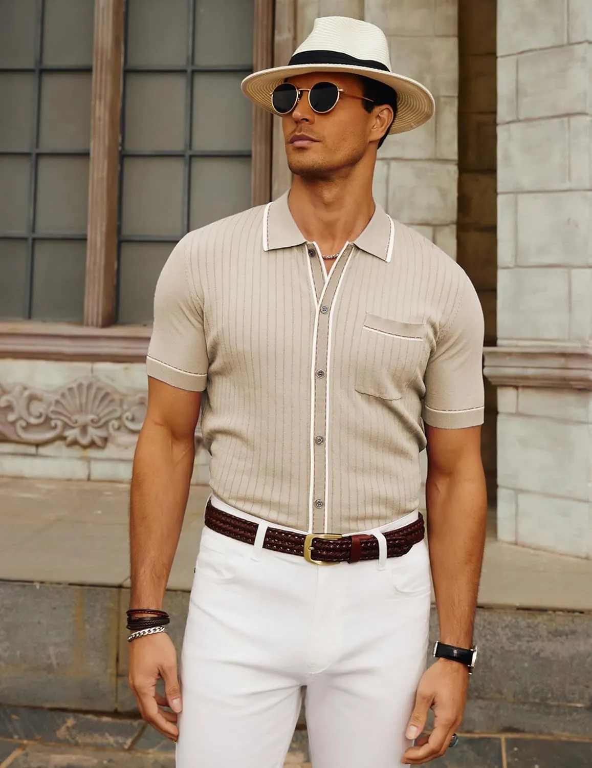 PJ PAUL JONES Mens Knit Shirts Vintage Retro Short Sleeve Button Down Vacation Polo Shirts