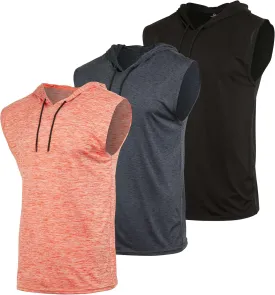 Real Essentials 3 Pack: Mens Dry-Fit Active Hooded Tank Top - Workout Sleeveless Hoodie Drawstring (Available in Big & Tall)