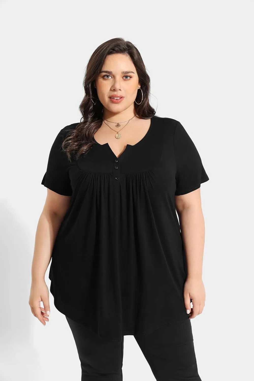 RITERA Womens Plus Size Casual Tops V Round Neck Tshirts Blouse for Women Girls Basic Summer Black Tops Solid Color XL 5XL