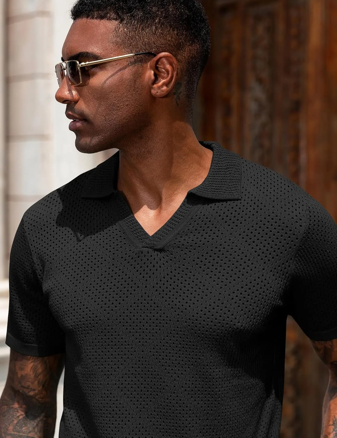 URRU Mens Knit Polo Shirt Short Sleeve Hollow Out Shirt Texture Knitted Polo Shirts for Men