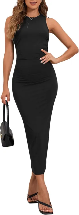 Verdusa Women's Crewneck Sleeveless High Waist Rib Knit Tank Long Bodycon Dress