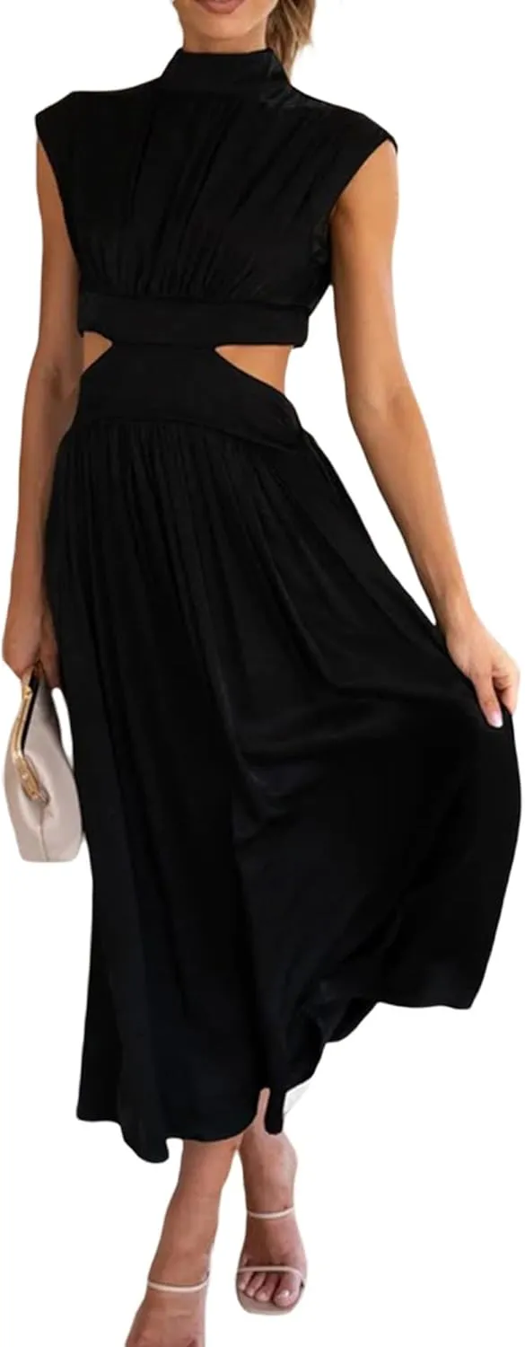 Women Summer Elegant Sleeveless Mock Neck Pleated Dress Swing Flowy Cutout High Waist Maxi Beach Long Dresses