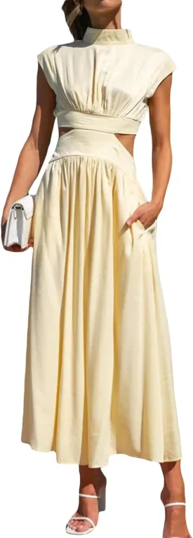 Women Summer Elegant Sleeveless Mock Neck Pleated Dress Swing Flowy Cutout High Waist Maxi Beach Long Dresses