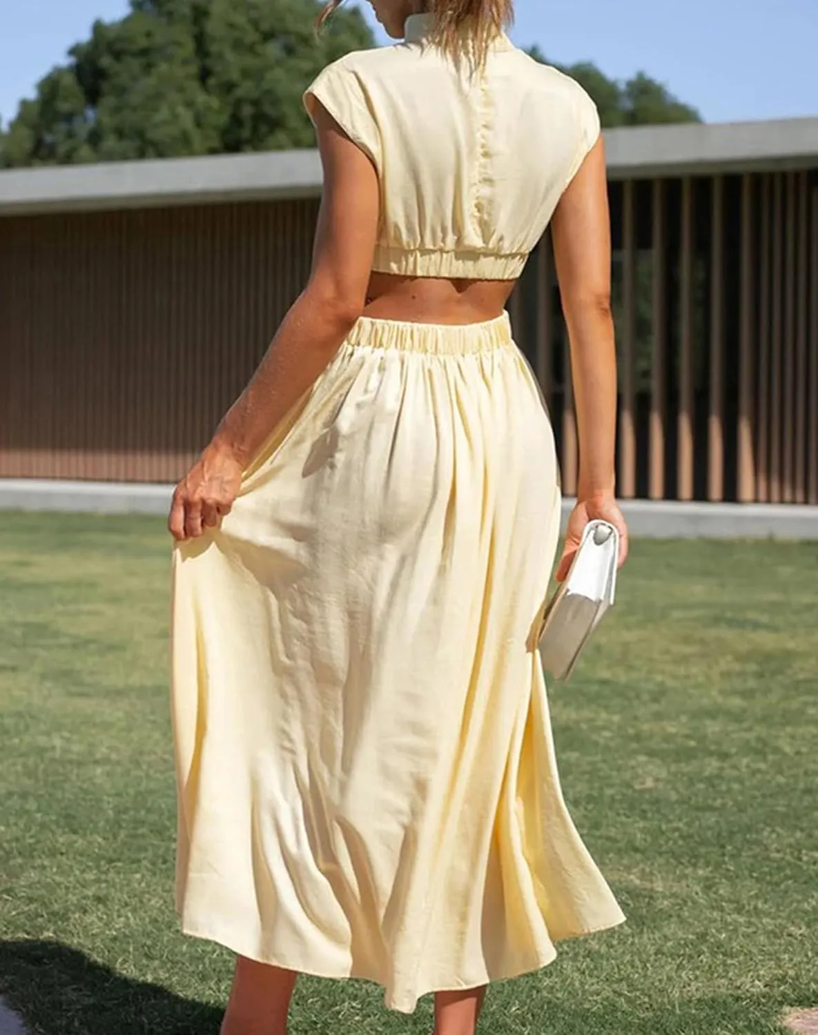 Women Summer Elegant Sleeveless Mock Neck Pleated Dress Swing Flowy Cutout High Waist Maxi Beach Long Dresses