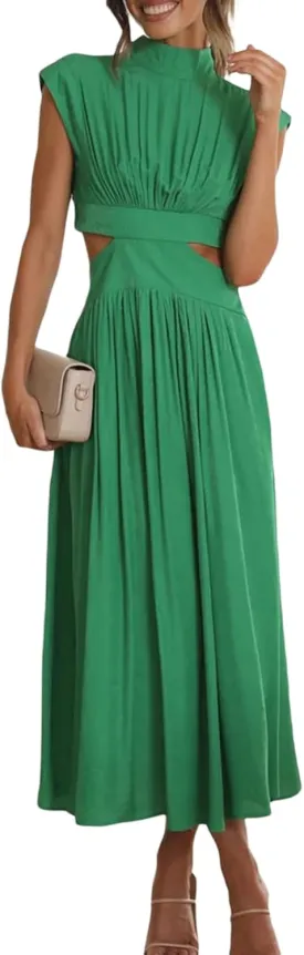 Women Summer Elegant Sleeveless Mock Neck Pleated Dress Swing Flowy Cutout High Waist Maxi Beach Long Dresses