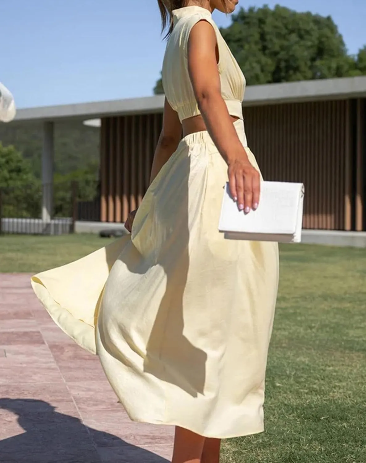 Women Summer Elegant Sleeveless Mock Neck Pleated Dress Swing Flowy Cutout High Waist Maxi Beach Long Dresses