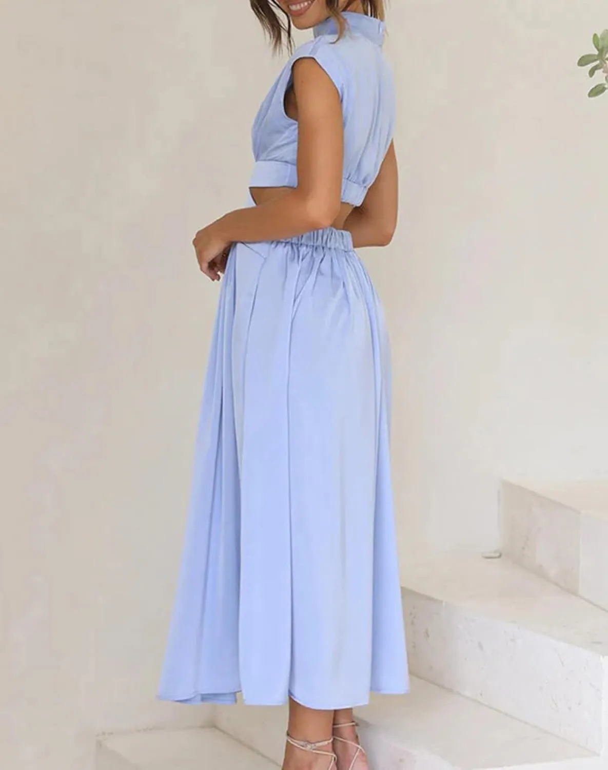 Women Summer Elegant Sleeveless Mock Neck Pleated Dress Swing Flowy Cutout High Waist Maxi Beach Long Dresses