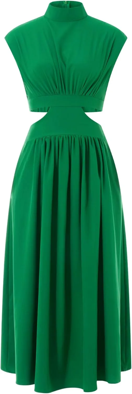 Women Summer Elegant Sleeveless Mock Neck Pleated Dress Swing Flowy Cutout High Waist Maxi Beach Long Dresses