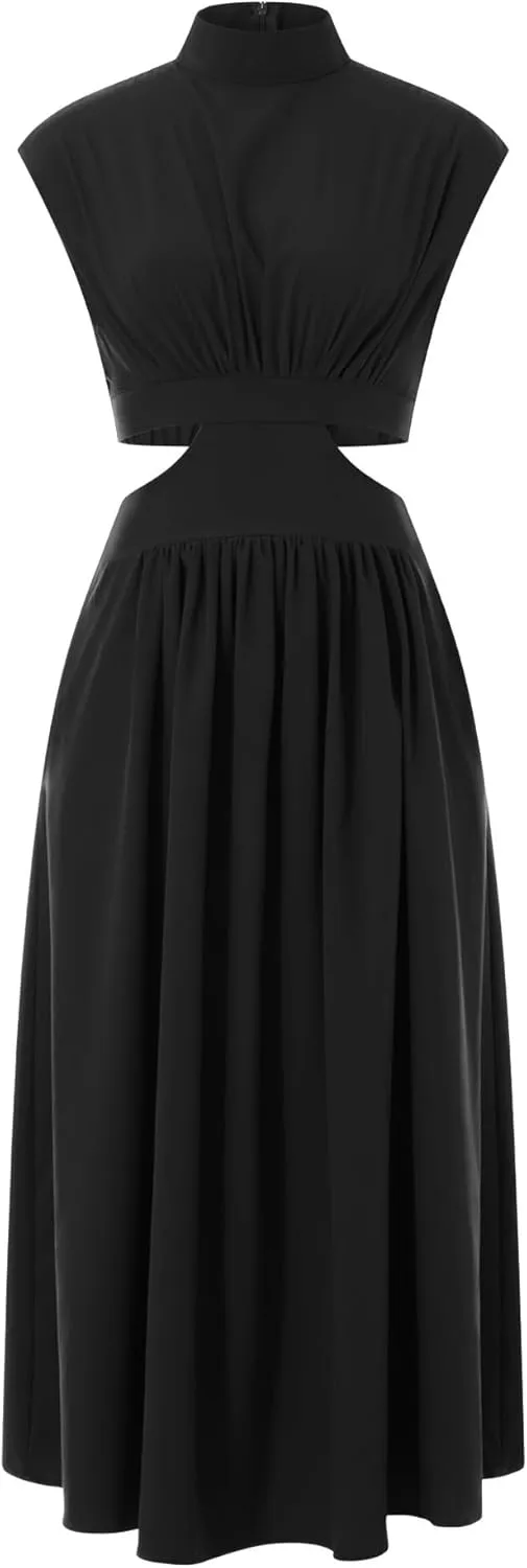 Women Summer Elegant Sleeveless Mock Neck Pleated Dress Swing Flowy Cutout High Waist Maxi Beach Long Dresses