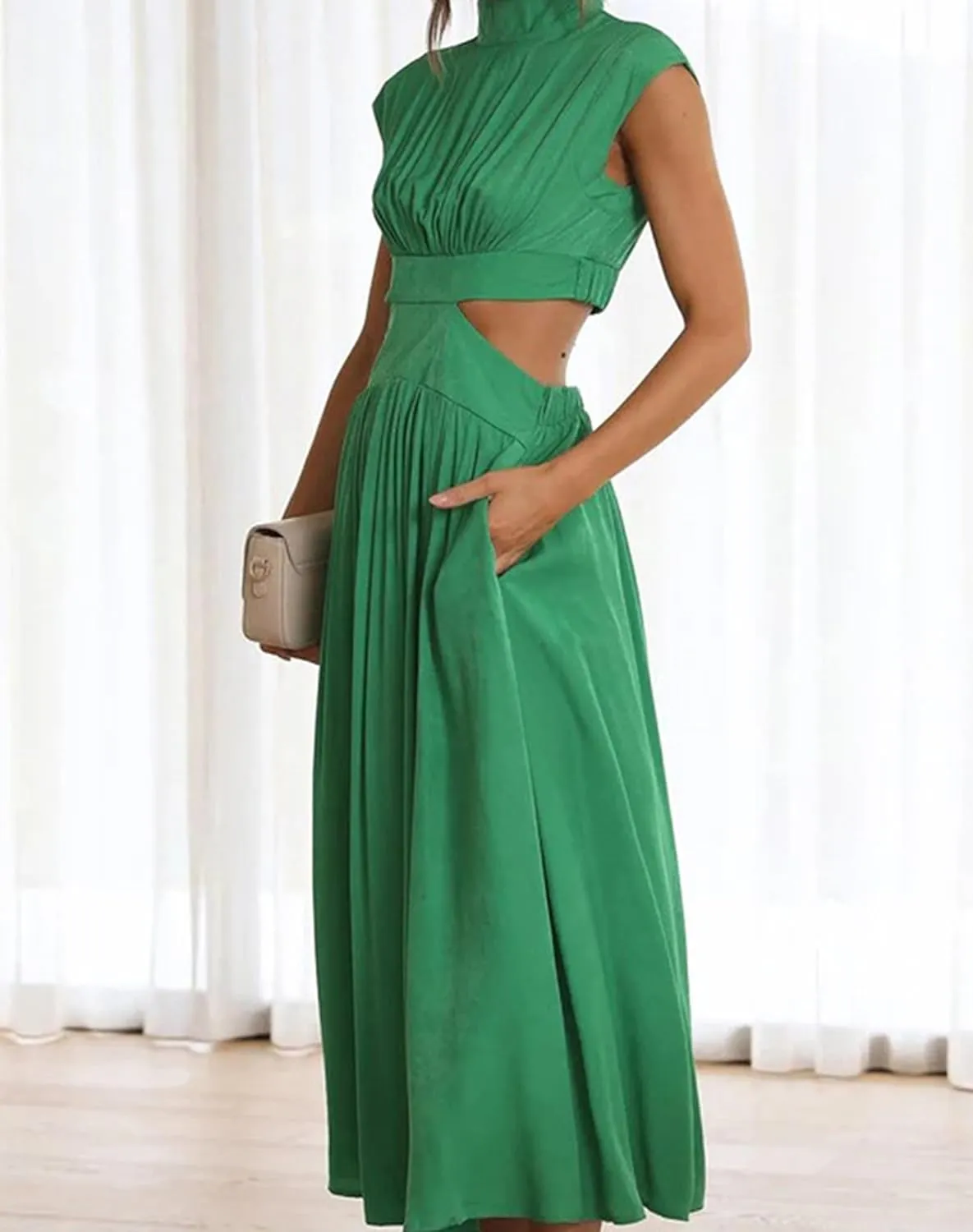 Women Summer Elegant Sleeveless Mock Neck Pleated Dress Swing Flowy Cutout High Waist Maxi Beach Long Dresses