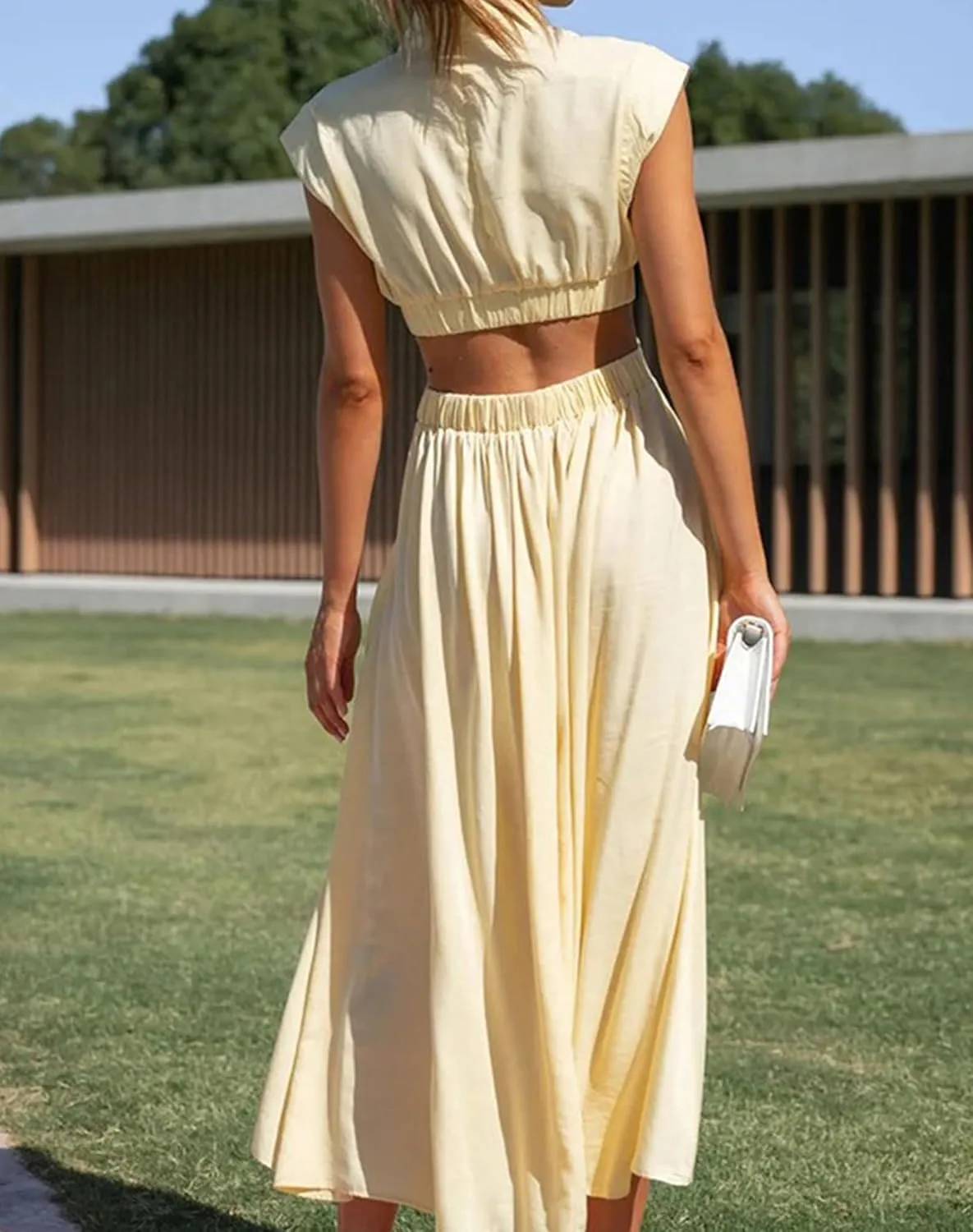 Women Summer Elegant Sleeveless Mock Neck Pleated Dress Swing Flowy Cutout High Waist Maxi Beach Long Dresses