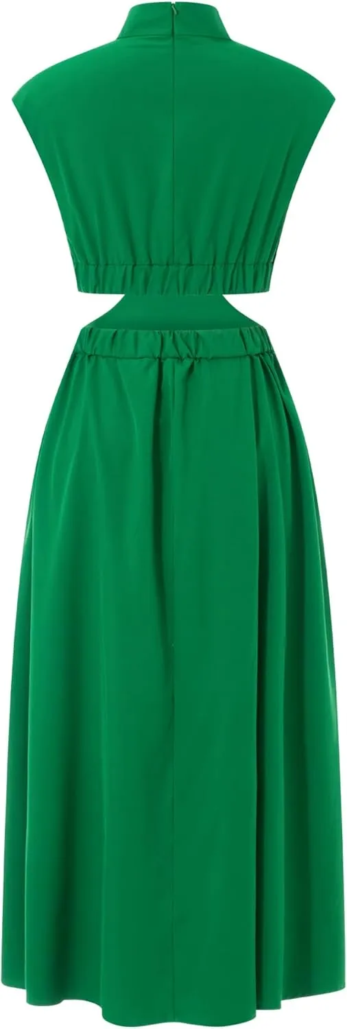 Women Summer Elegant Sleeveless Mock Neck Pleated Dress Swing Flowy Cutout High Waist Maxi Beach Long Dresses
