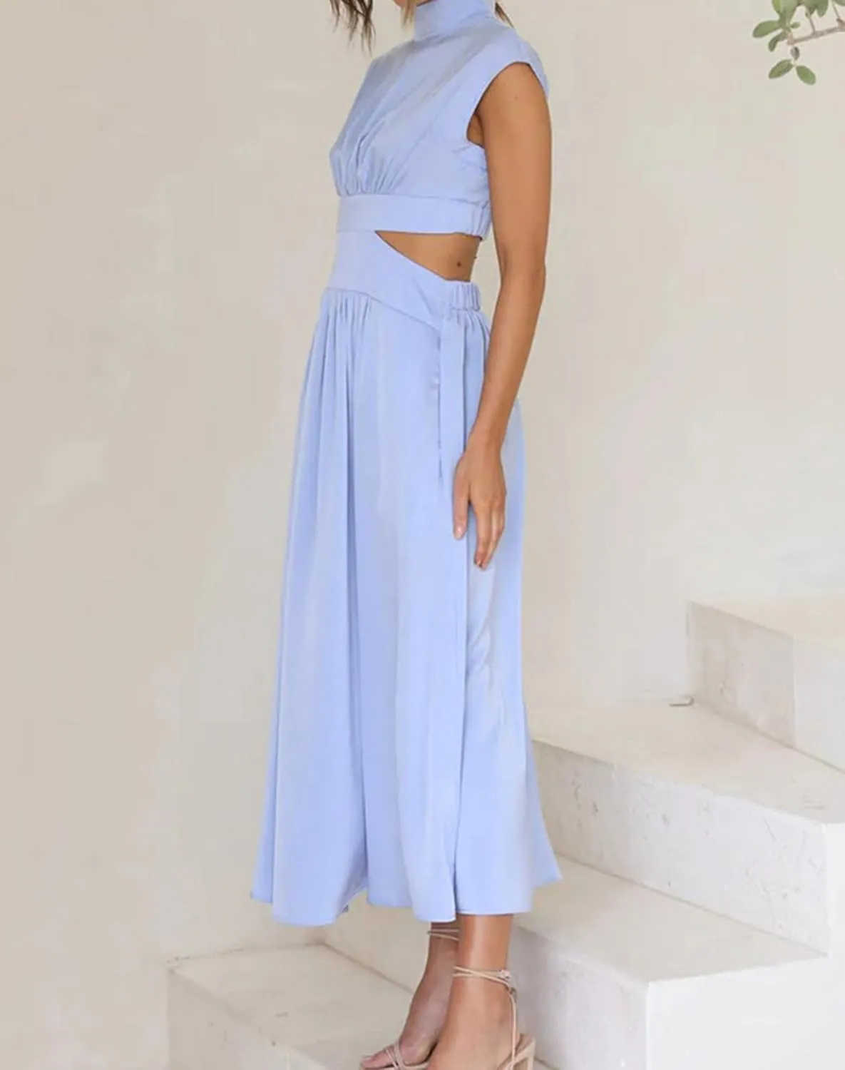Women Summer Elegant Sleeveless Mock Neck Pleated Dress Swing Flowy Cutout High Waist Maxi Beach Long Dresses