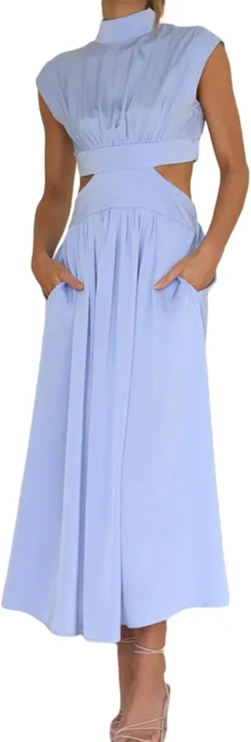 Women Summer Elegant Sleeveless Mock Neck Pleated Dress Swing Flowy Cutout High Waist Maxi Beach Long Dresses