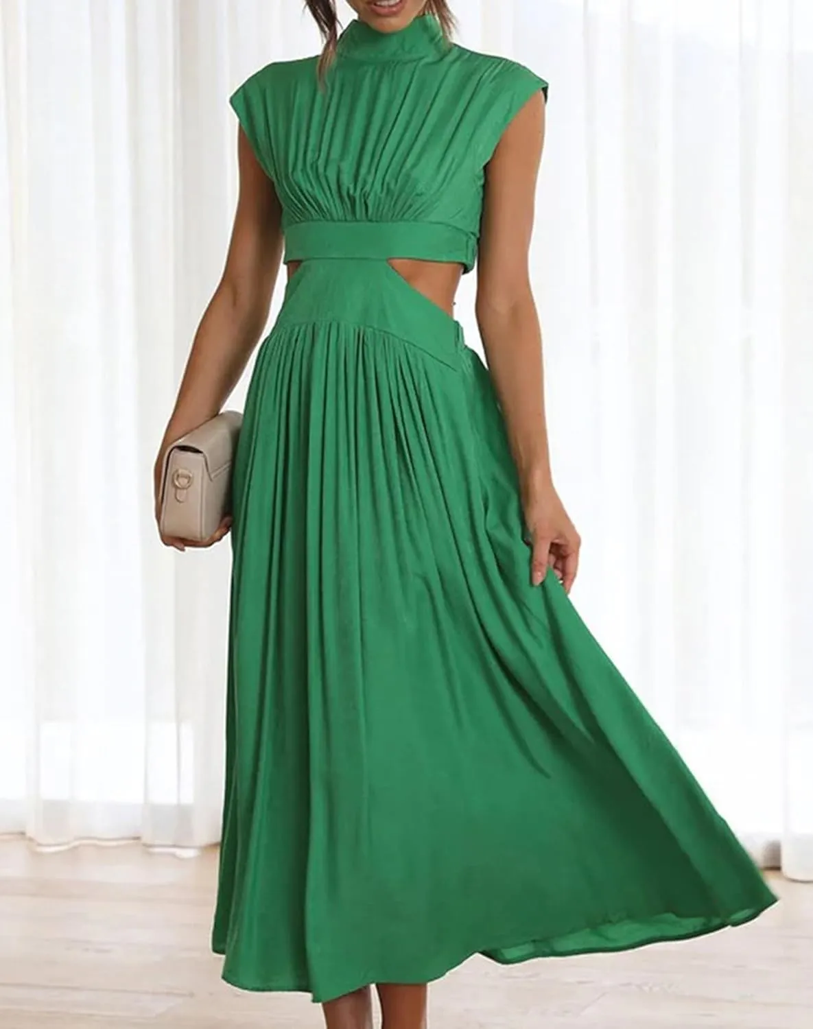 Women Summer Elegant Sleeveless Mock Neck Pleated Dress Swing Flowy Cutout High Waist Maxi Beach Long Dresses
