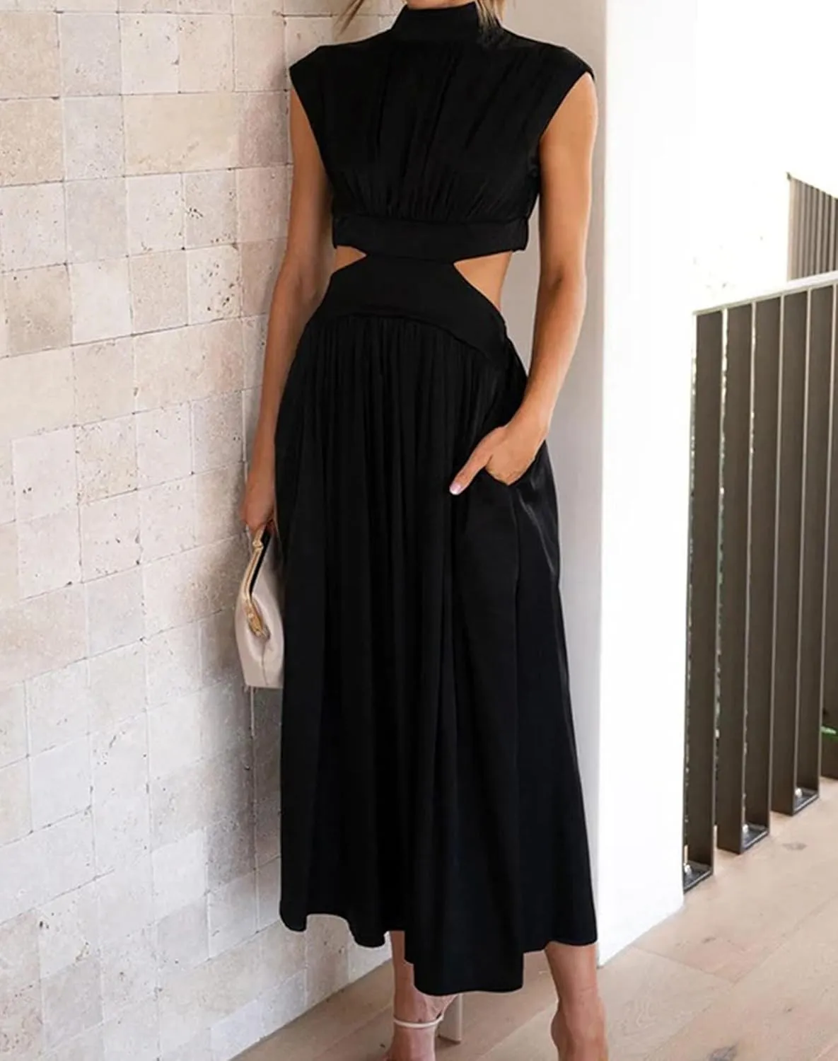 Women Summer Elegant Sleeveless Mock Neck Pleated Dress Swing Flowy Cutout High Waist Maxi Beach Long Dresses