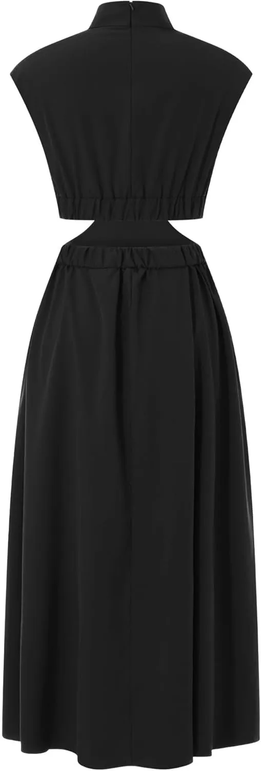 Women Summer Elegant Sleeveless Mock Neck Pleated Dress Swing Flowy Cutout High Waist Maxi Beach Long Dresses
