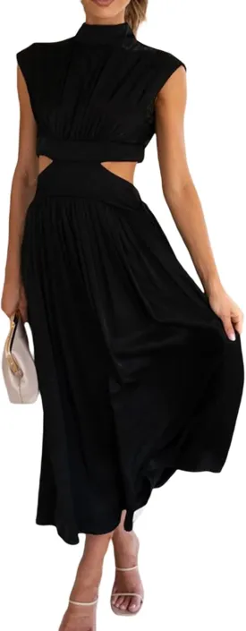 Women Summer Elegant Sleeveless Mock Neck Pleated Dress Swing Flowy Cutout High Waist Maxi Beach Long Dresses