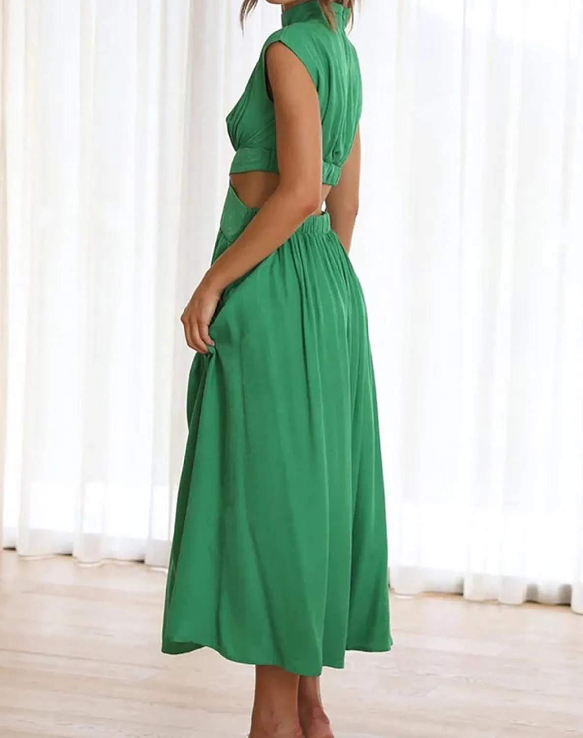 Women Summer Elegant Sleeveless Mock Neck Pleated Dress Swing Flowy Cutout High Waist Maxi Beach Long Dresses