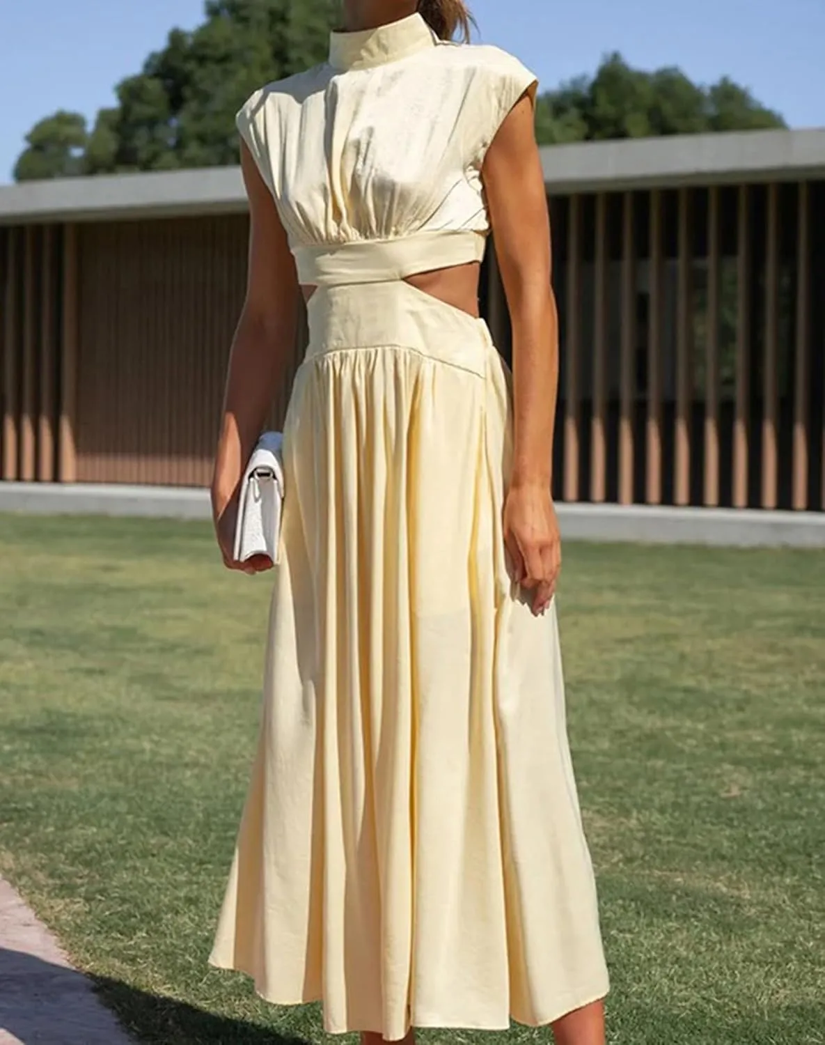 Women Summer Elegant Sleeveless Mock Neck Pleated Dress Swing Flowy Cutout High Waist Maxi Beach Long Dresses