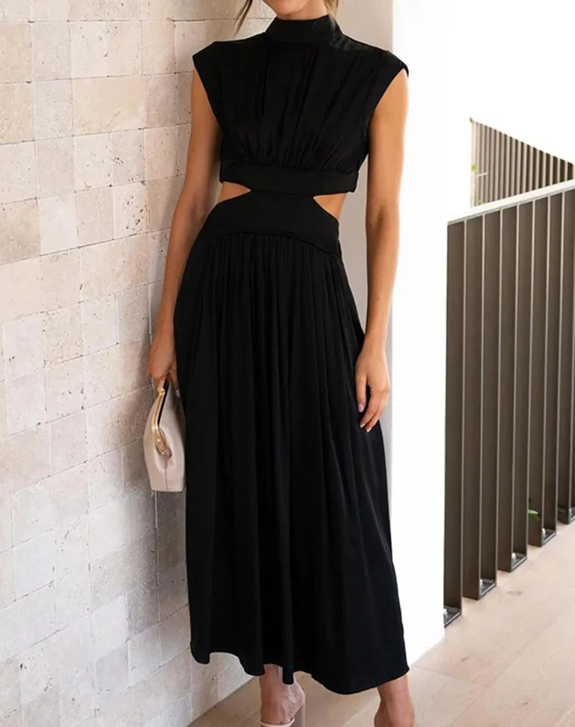 Women Summer Elegant Sleeveless Mock Neck Pleated Dress Swing Flowy Cutout High Waist Maxi Beach Long Dresses
