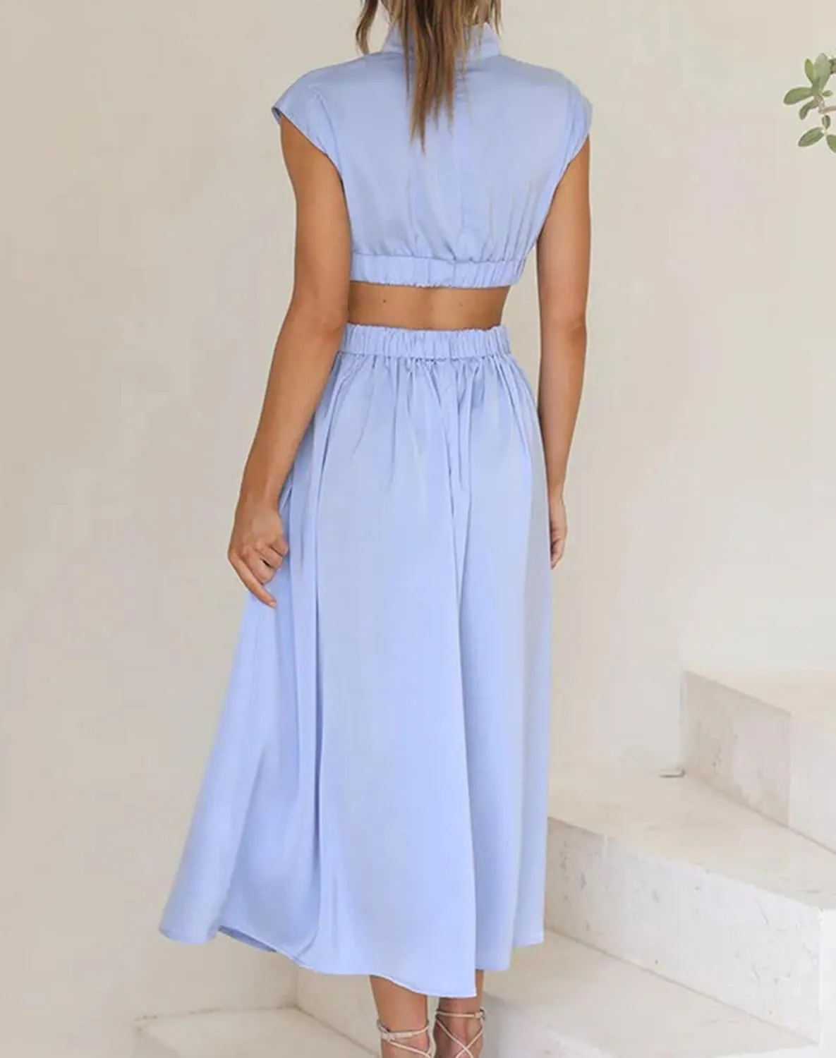 Women Summer Elegant Sleeveless Mock Neck Pleated Dress Swing Flowy Cutout High Waist Maxi Beach Long Dresses