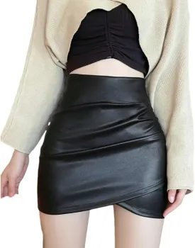 Women's Asymmetrical Wrap Skirt Ruched Tulip Hem Faux Leather Mini Skirts with Lining Shorts