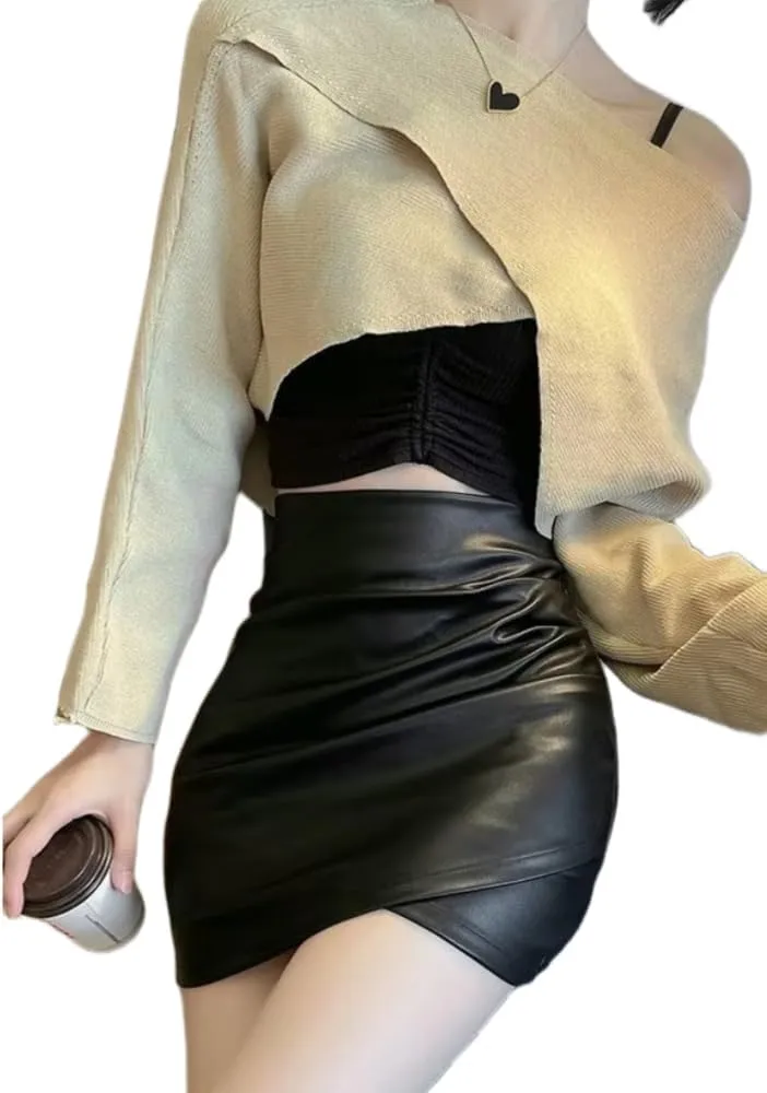 Women's Asymmetrical Wrap Skirt Ruched Tulip Hem Faux Leather Mini Skirts with Lining Shorts