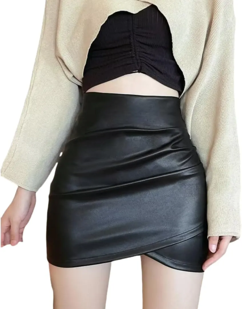 Women's Asymmetrical Wrap Skirt Ruched Tulip Hem Faux Leather Mini Skirts with Lining Shorts