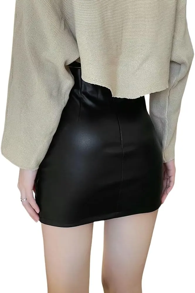 Women's Asymmetrical Wrap Skirt Ruched Tulip Hem Faux Leather Mini Skirts with Lining Shorts