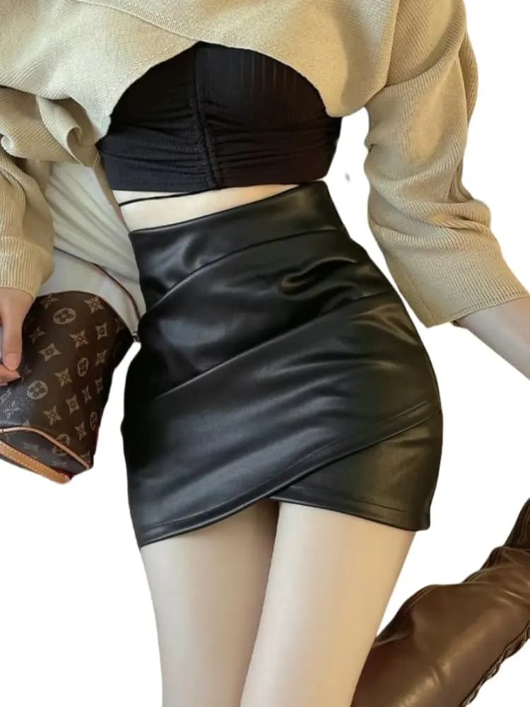 Women's Asymmetrical Wrap Skirt Ruched Tulip Hem Faux Leather Mini Skirts with Lining Shorts