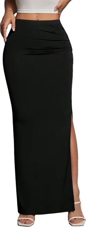 Women's High Waist Maxi Skirt Ruched Side Split Thigh Elegant Bodycon Long Skirts