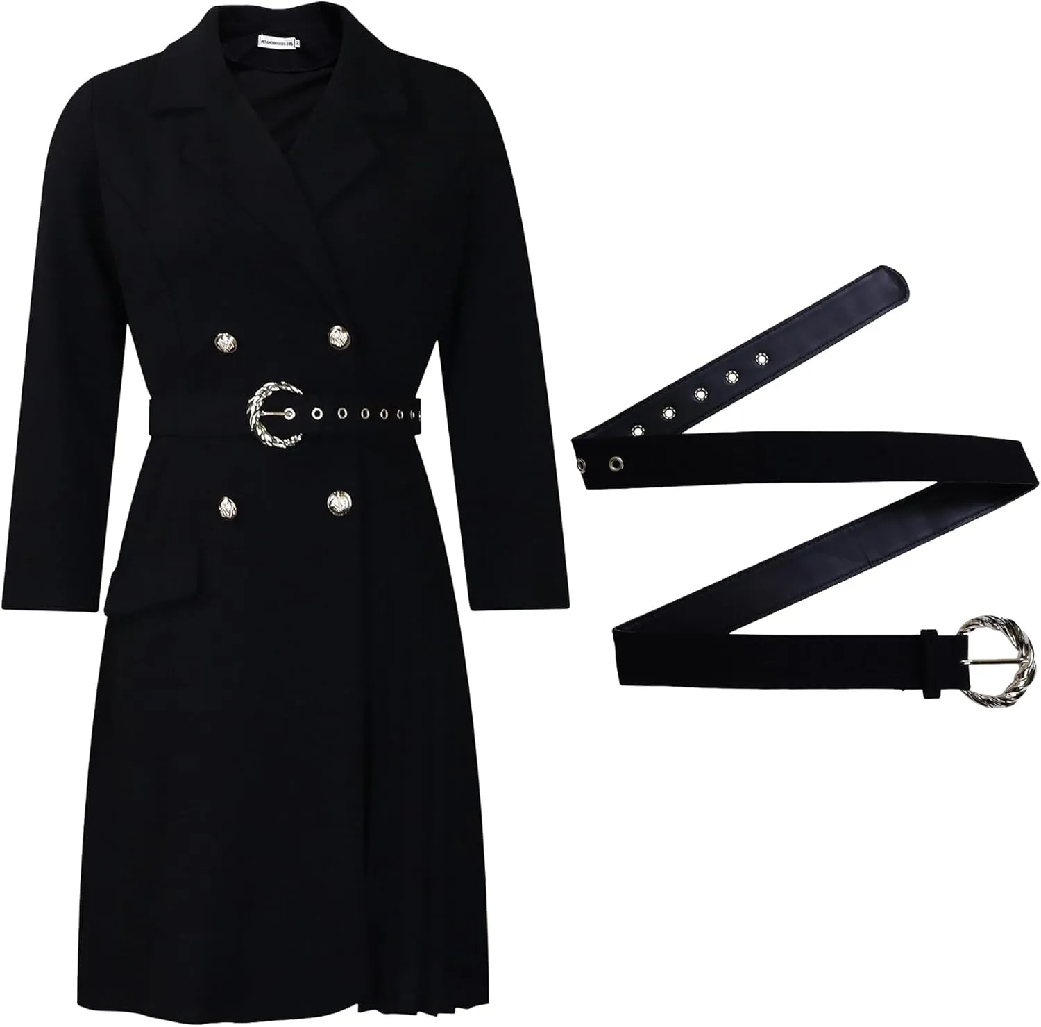 Women's Lapel Neck Double Breasted Blazer Dress Business Elegant 3/4 Sleeve Pleated Midi Dress with Belt