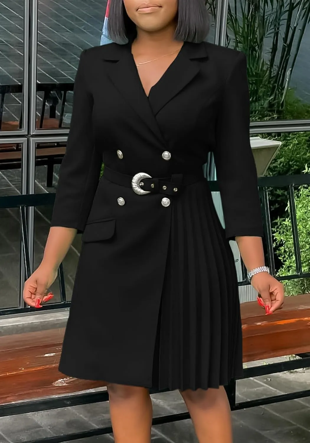 Women's Lapel Neck Double Breasted Blazer Dress Business Elegant 3/4 Sleeve Pleated Midi Dress with Belt
