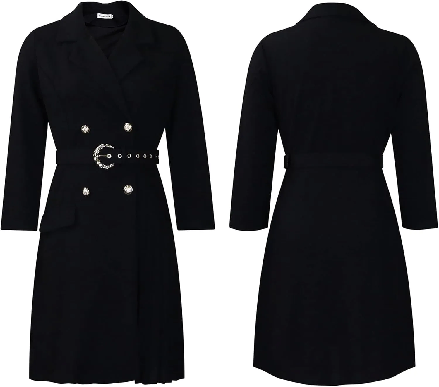 Women's Lapel Neck Double Breasted Blazer Dress Business Elegant 3/4 Sleeve Pleated Midi Dress with Belt