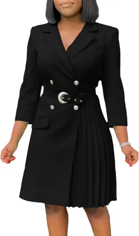 Women's Lapel Neck Double Breasted Blazer Dress Business Elegant 3/4 Sleeve Pleated Midi Dress with Belt