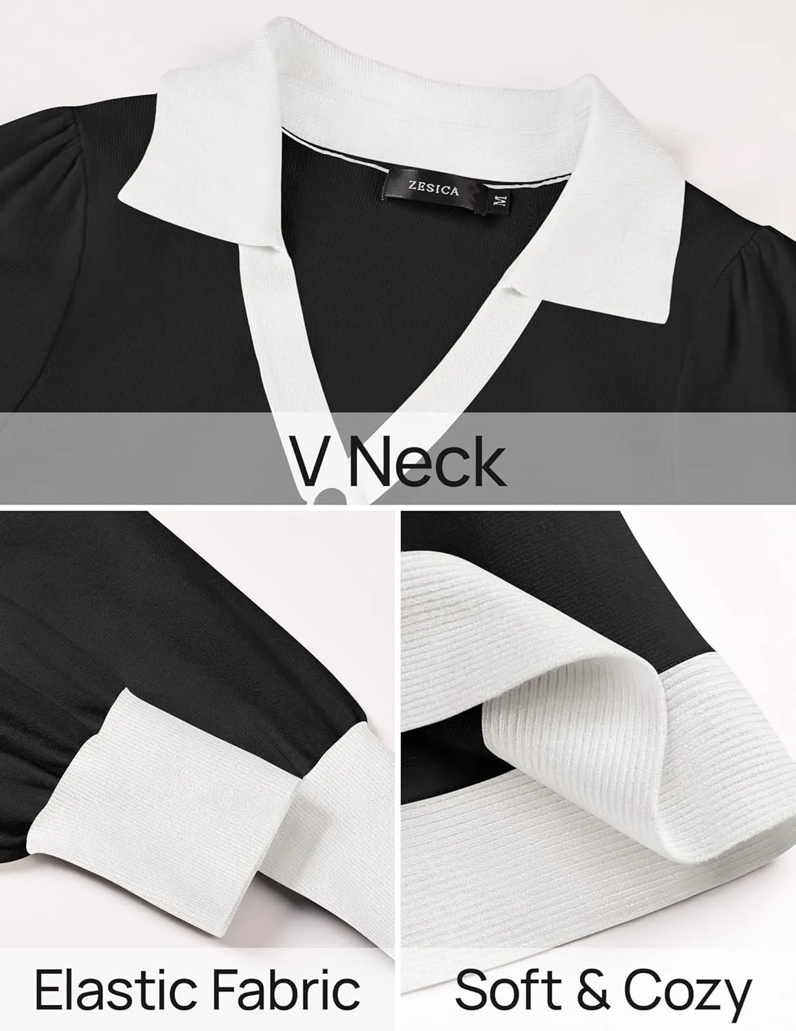 ZESICA Women's Spring Long Sleeve V Neck Sweater Dress Collar Ribbed Knit Mini Dresses