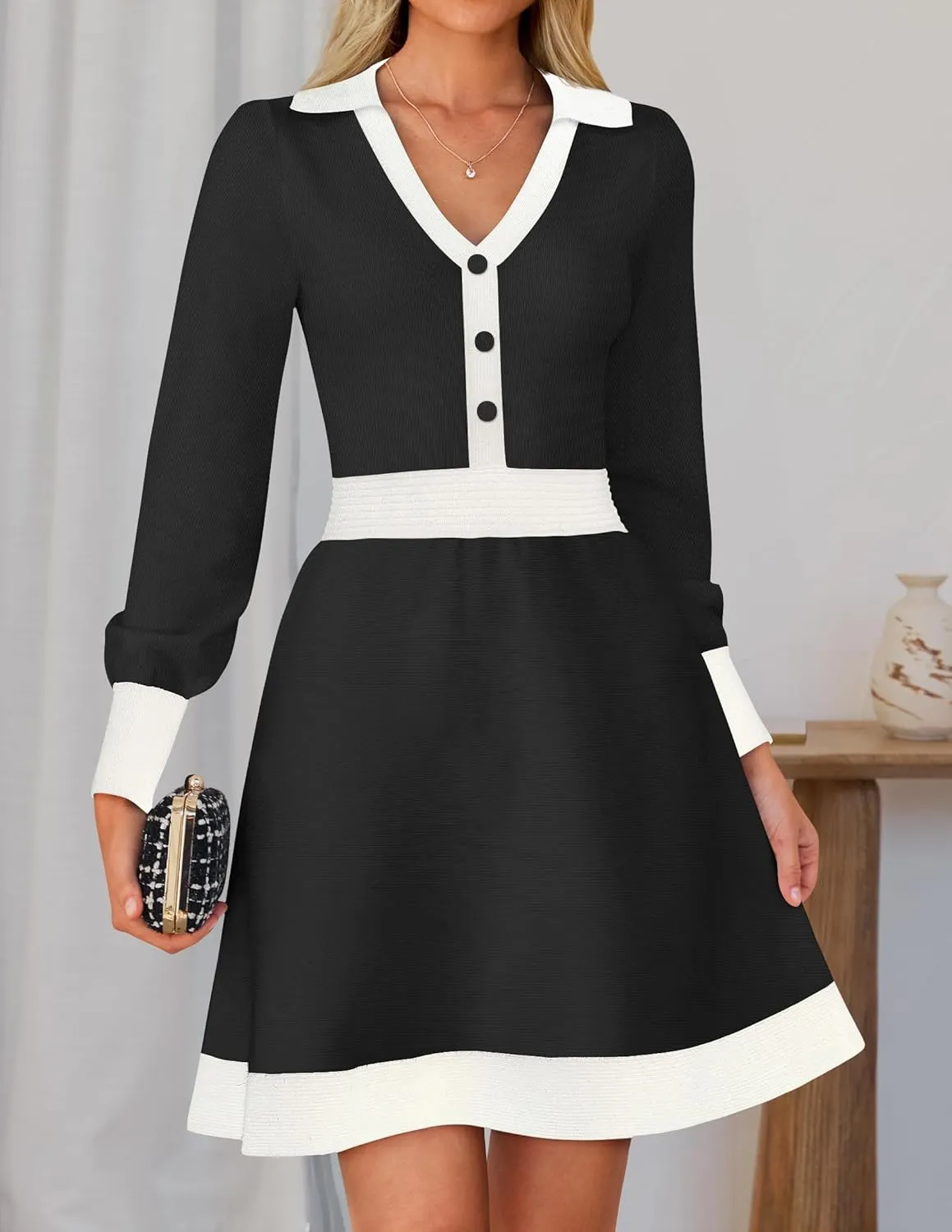 ZESICA Women's Spring Long Sleeve V Neck Sweater Dress Collar Ribbed Knit Mini Dresses