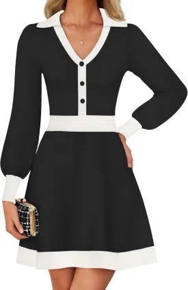 ZESICA Women's Spring Long Sleeve V Neck Sweater Dress Collar Ribbed Knit Mini Dresses